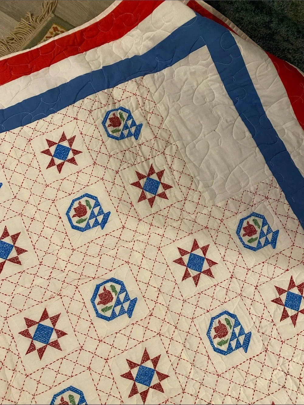🇺🇸 Vintage Americana Amish Quaker Cottagecore Red, White & Blue Stitch Quilt